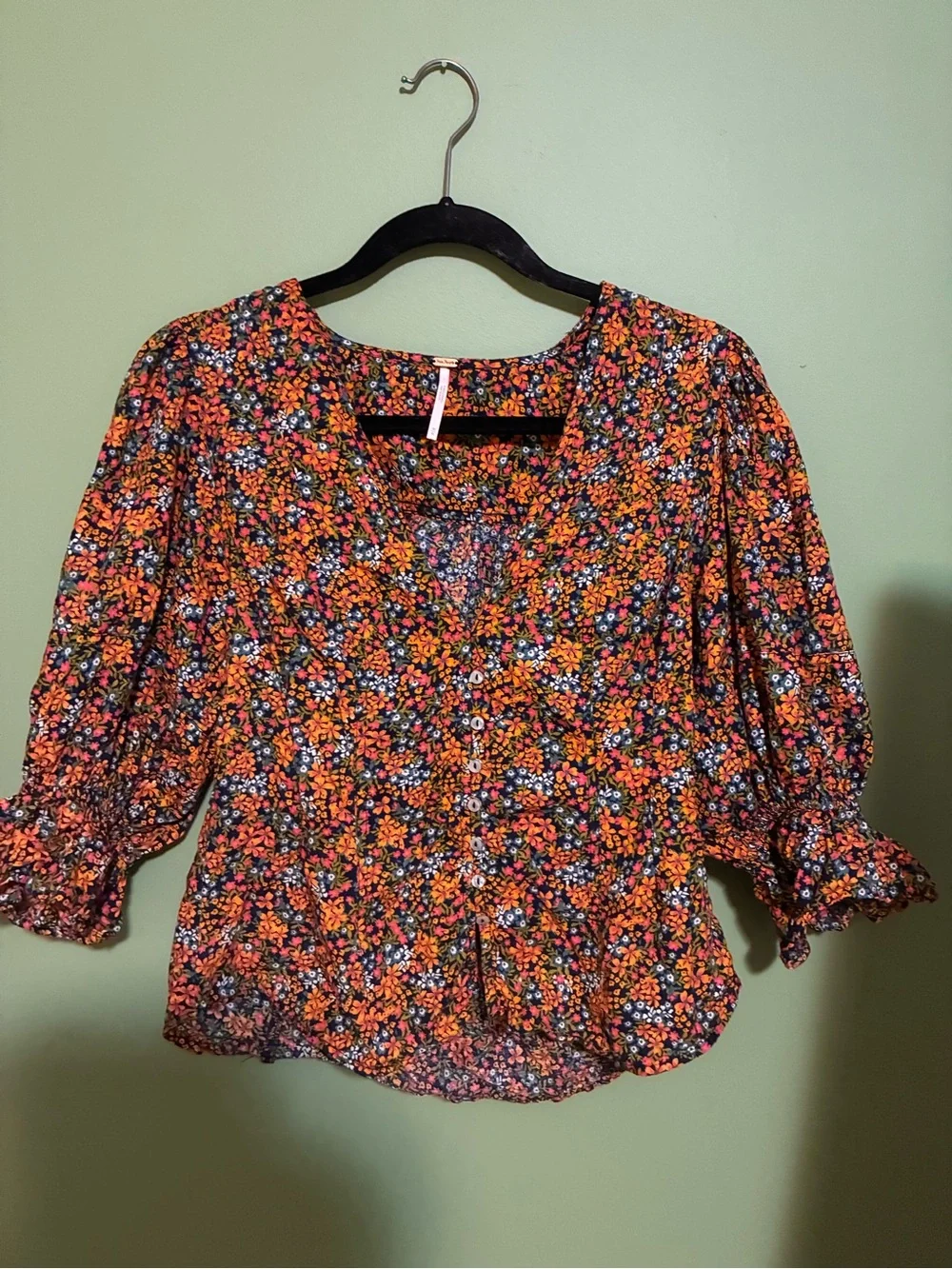 Free People orange Floral Button-Front V-Neck Blouse